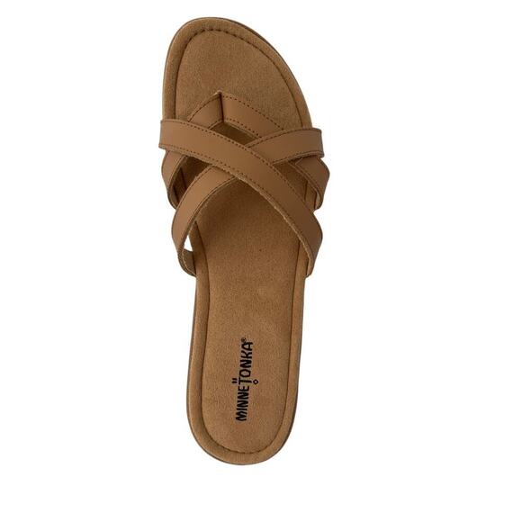 MinneTonka Women’s Tan crisscross Leather padded insole comfy Slippers Sz 12M. - Picture 4 of 9